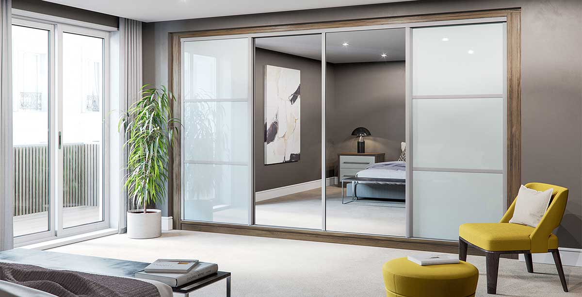 3 Panel 4 Door Light Grey Glass Full Mirrored With Chestnut Trim Wardrobe Closed