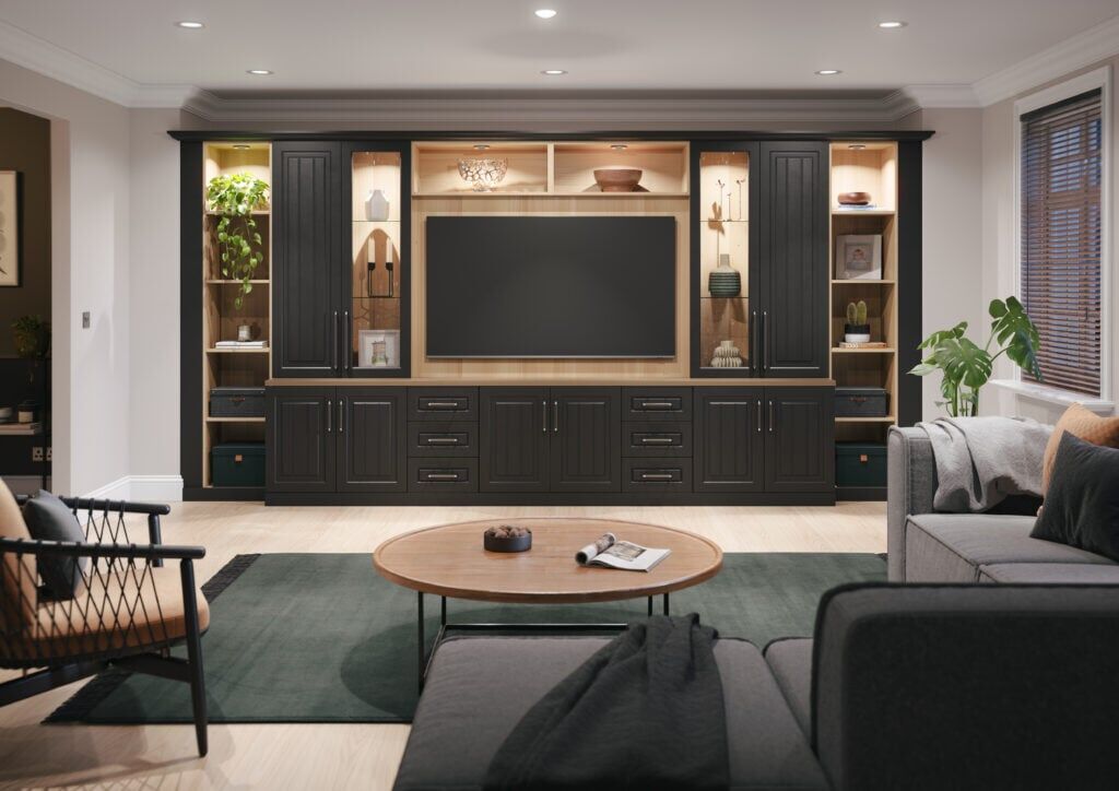 Dining room living room black matt handle lights tv unit open shelves storage utopia cut riva oak trim white walls open planned