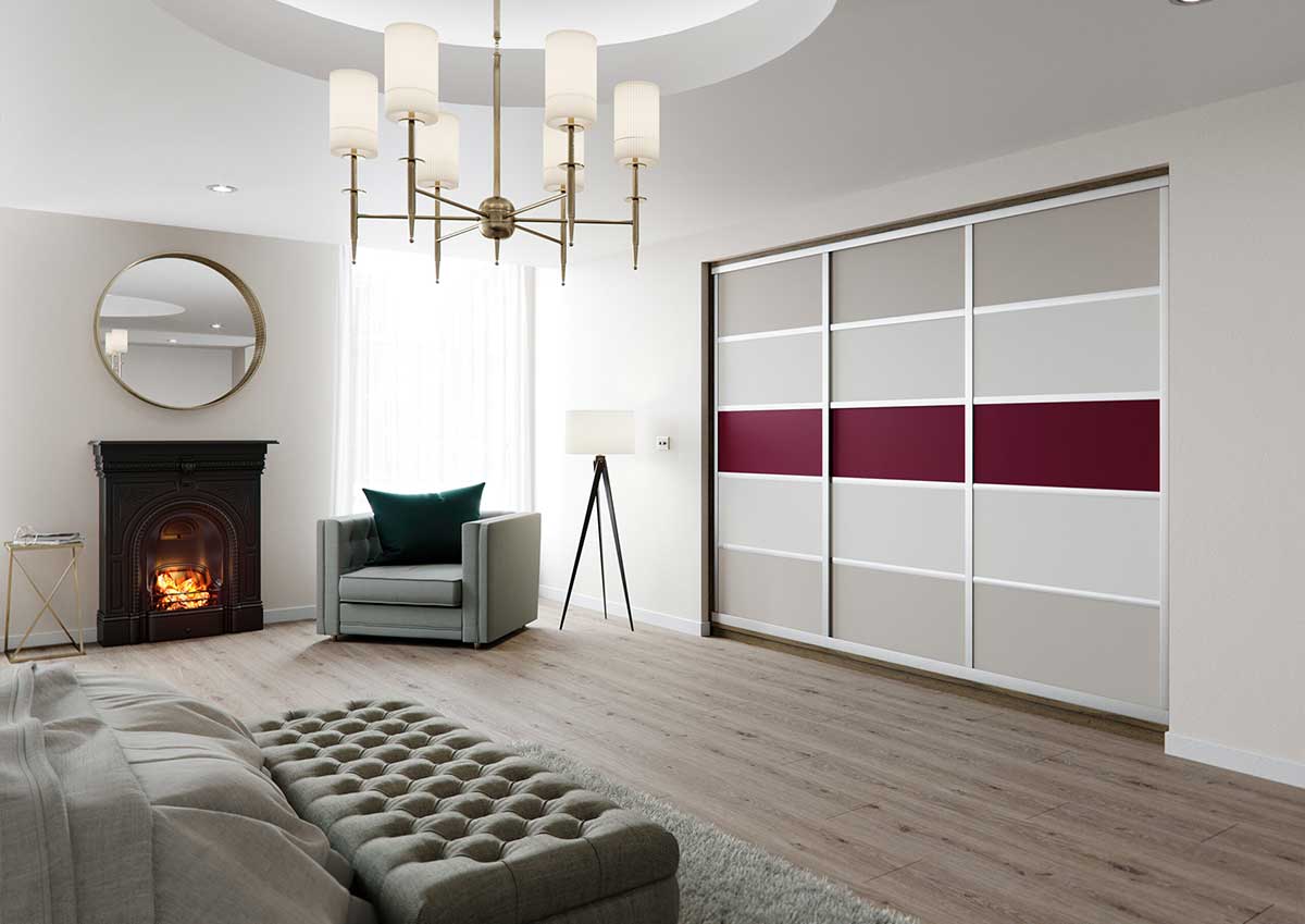 5 Panel, 3 Door Stone, Cashmere & Aubergine Glass Sliding Wardrobes