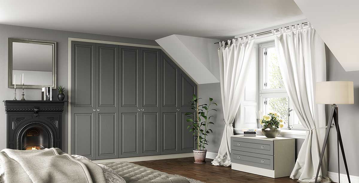 Graphite Grain & Cashmere Trim Lisbon Design Sloped Fitted Bedroom Closed Wardrobe