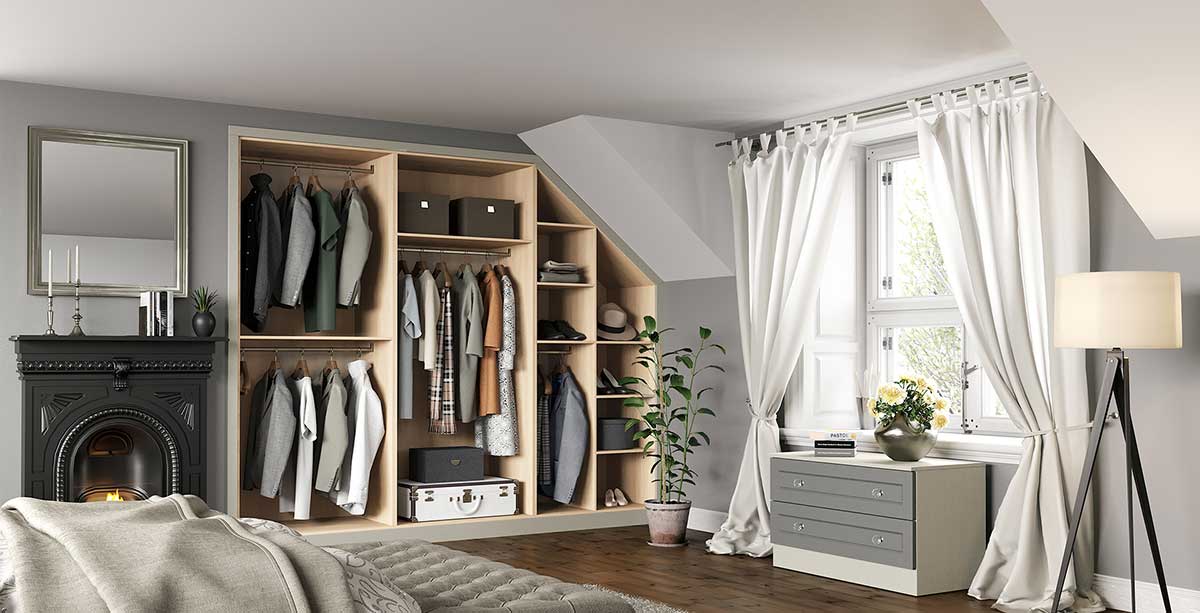 Graphite Grain & Cashmere Trim Lisbon Design Sloped Fitted Bedroom Open Wardrobe