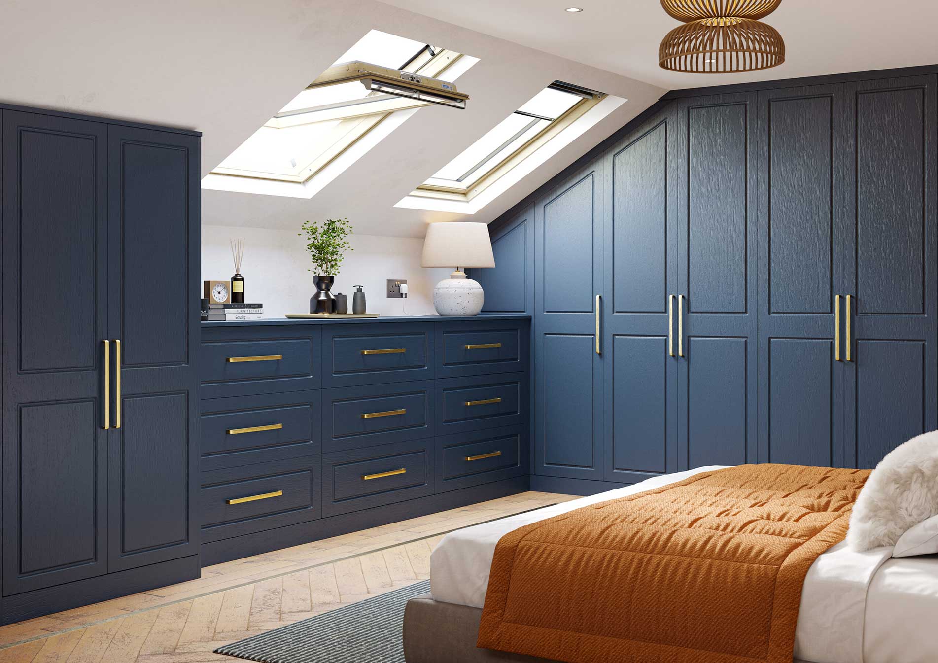 Blue Indigo Grain Charleston Design Sloped Fitted Bedroom