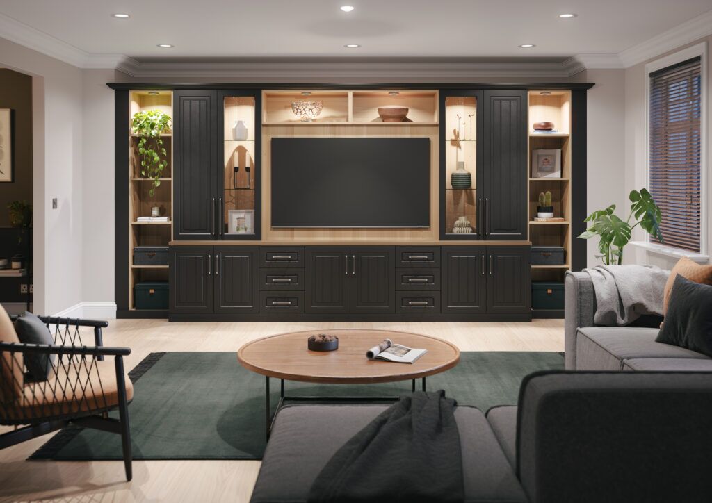 Dining room living room black matt handle lights tv unit open shelves storage utopia cut riva oak trim white walls open planned
