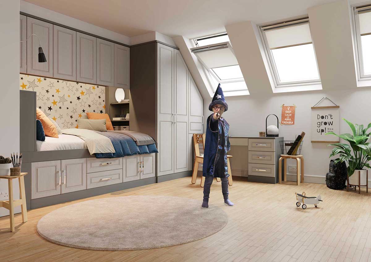 Light Grey Grain And Dust Grey Trim Davenport Design Kids Cabin Bed Fitted Bedroom